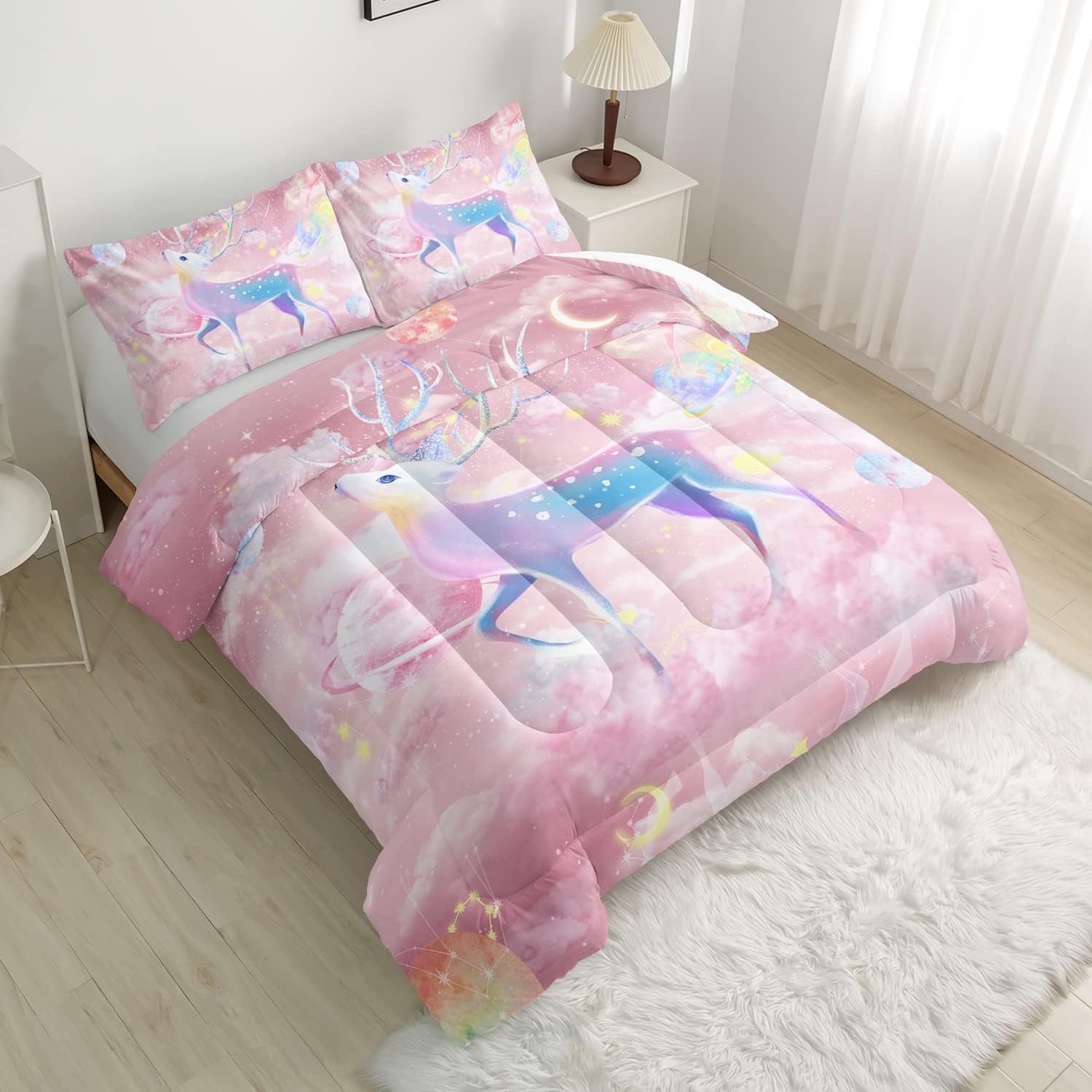 CVHOUSE Ecbttab047 – Juego de edredón rosa para niña, tamaño matrimonial, juego de ropa de cama con espacio de nube rosa para niños, ciervo y