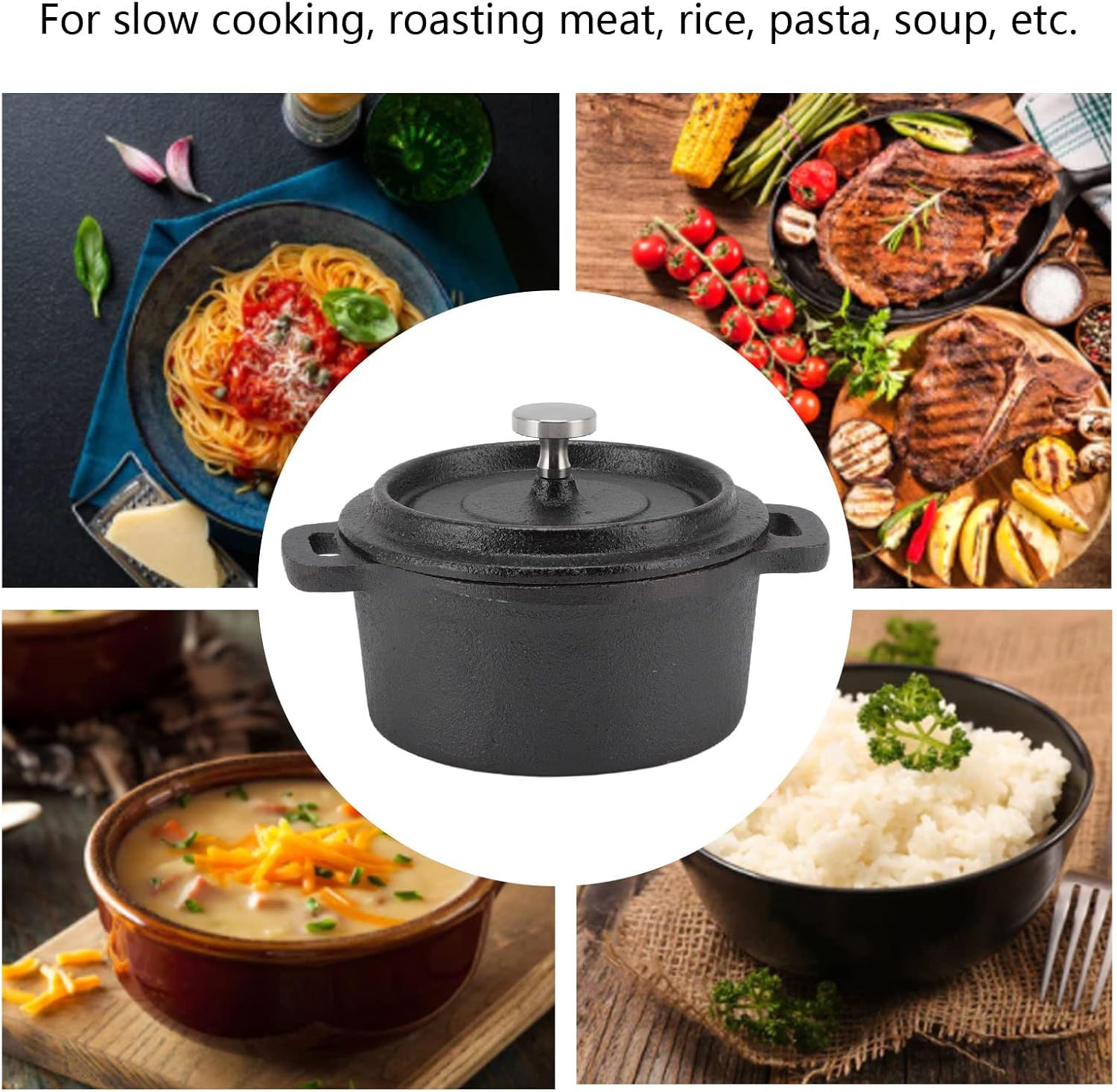 Horno holandés, horno holandés de doble estilo tradicional, olla de hierro, para cocinar asados, sopas de arroz, guisos con tapa (7.9 in)