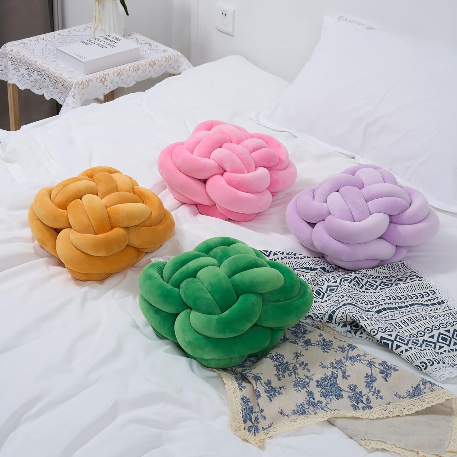 Bola de almohada de nudo suave, almohadas estéticas de nudo, almohadas decorativas, almohada redonda hecha a mano para decoración del hogar (12.5