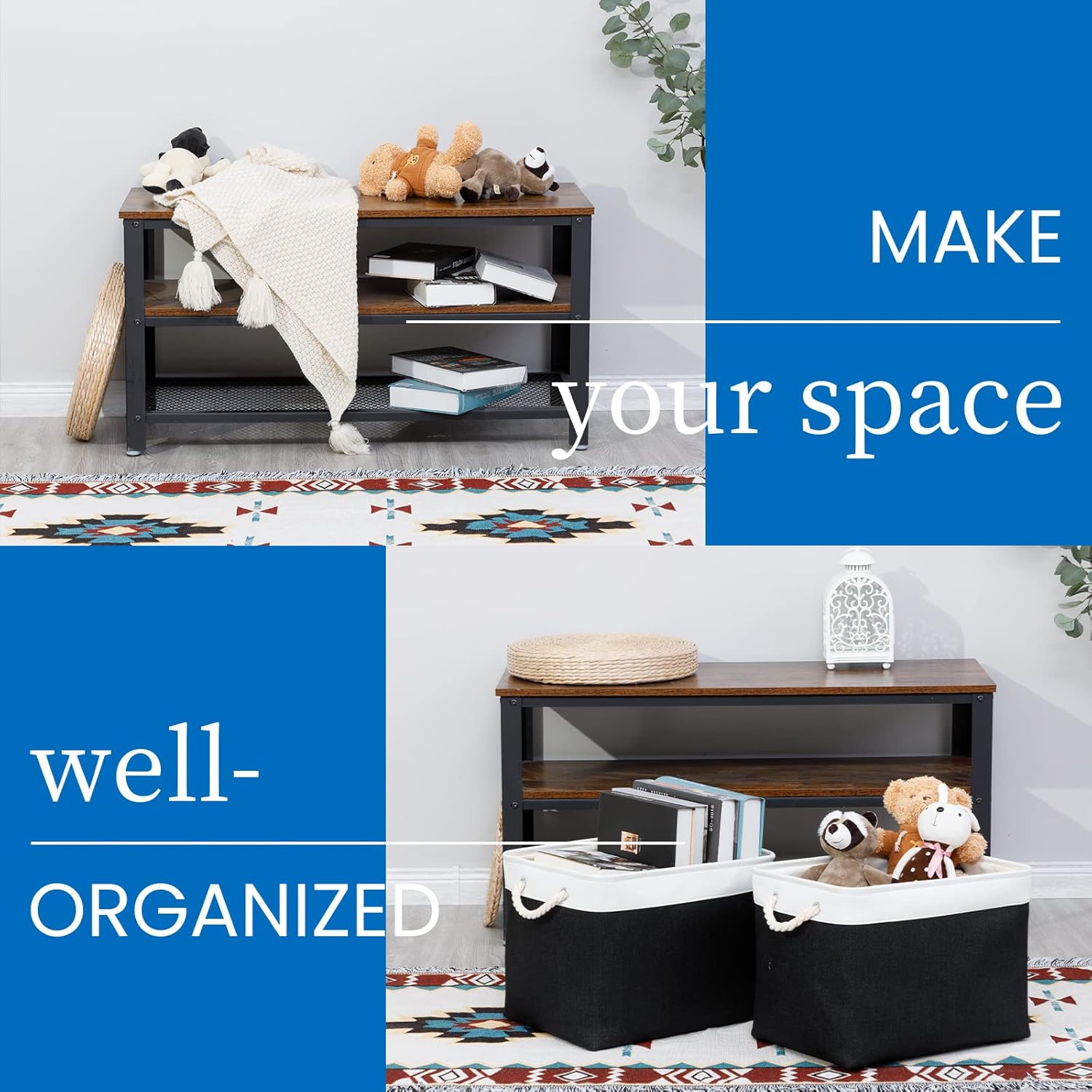Bidtakay Cestas de almacenamiento negras para estantes, juego de 2 cestas decorativas de tela para organizar 16 x 11.8 x 11.8 pulgadas, canastas