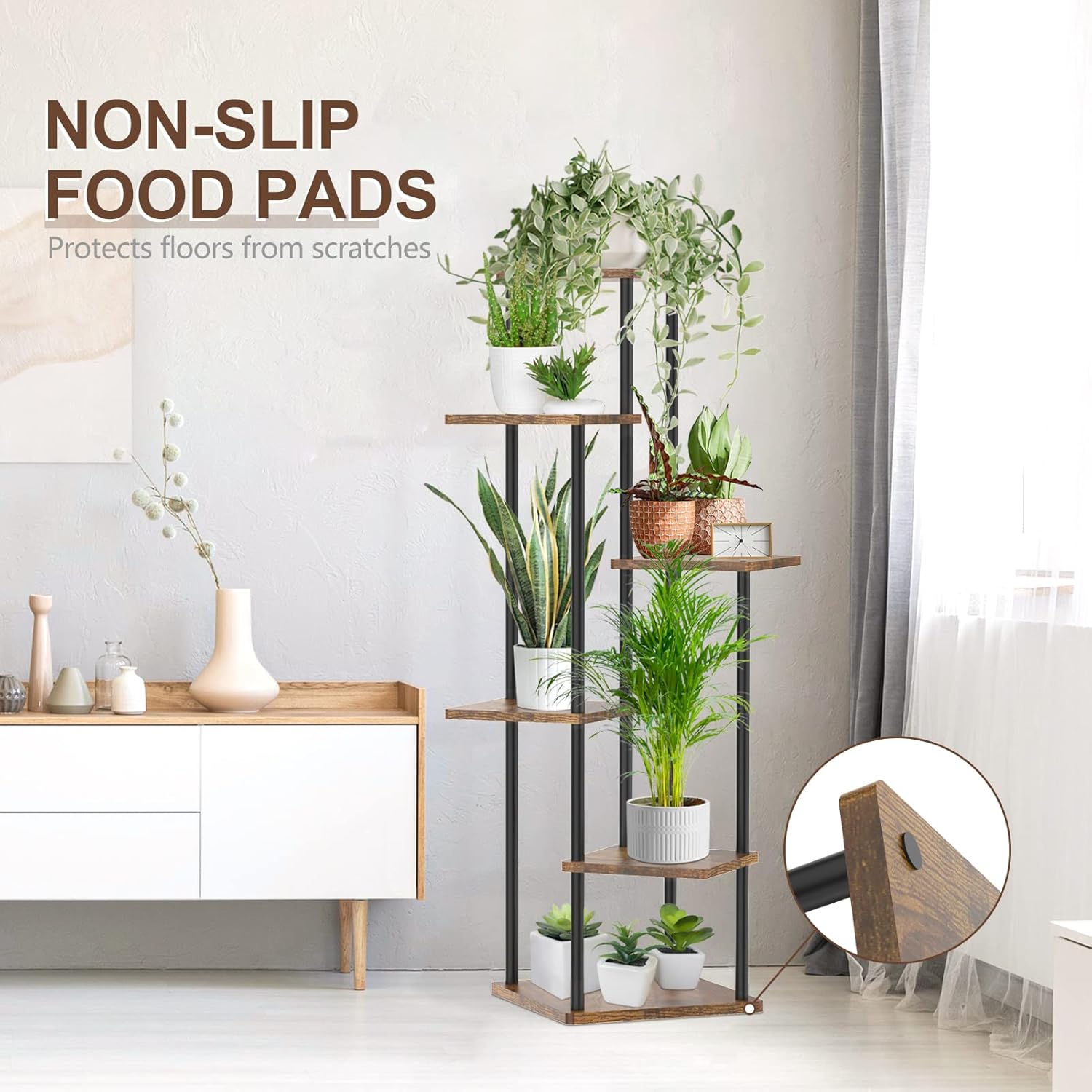 Soportes esquineros de 6 niveles altos para interiores, estante grande de metal para macetas de madera de 45 pulgadas para múltiples plantas,
