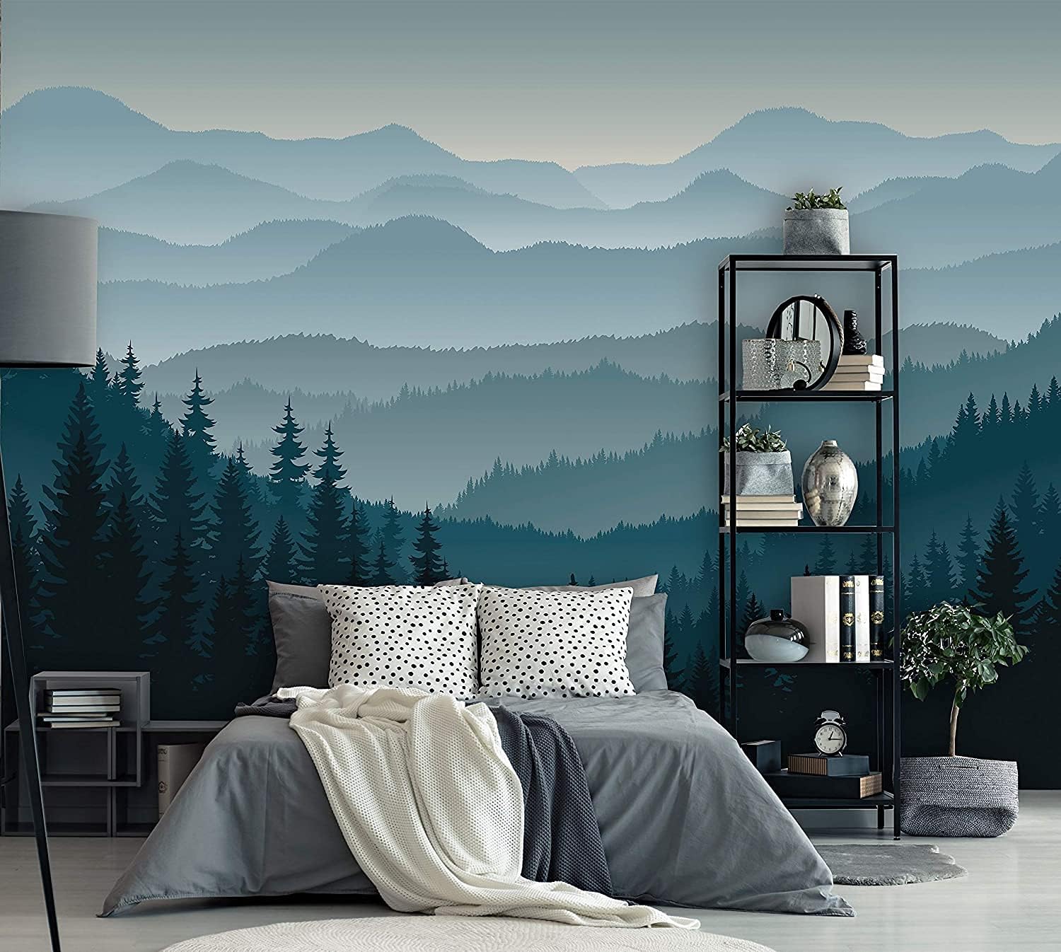 Papel tapiz removible para despegar y pegar, mural de pared autoadhesivo, mural de montaña 3D, papel tapiz para guardería, pinos de montaña azul