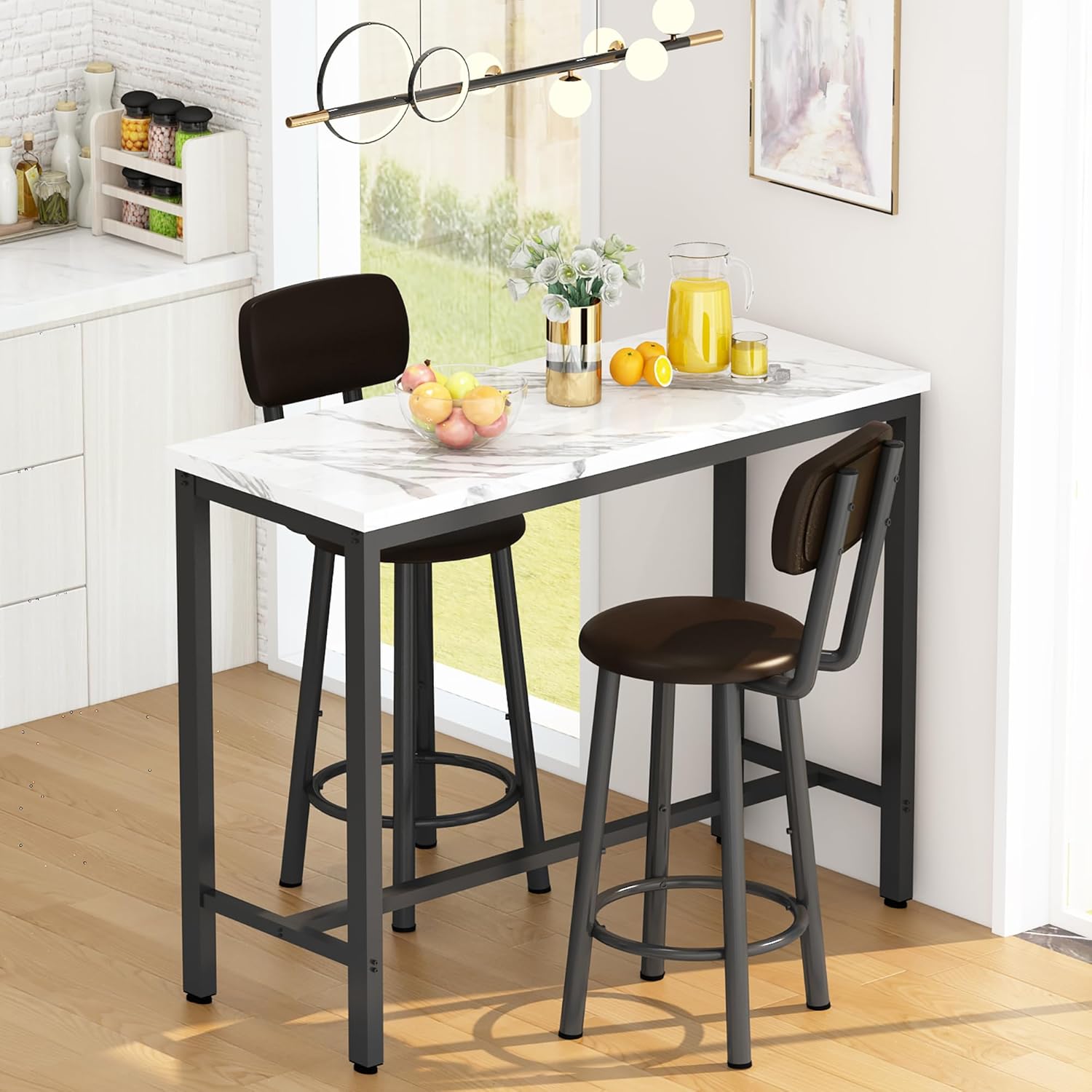 AWQM Juego de mesa de bar de 2.39.3 pulgadas de imitación de mármol y 2 taburetes tapizados de poliuretano con respaldo, juego de mesa industrial de