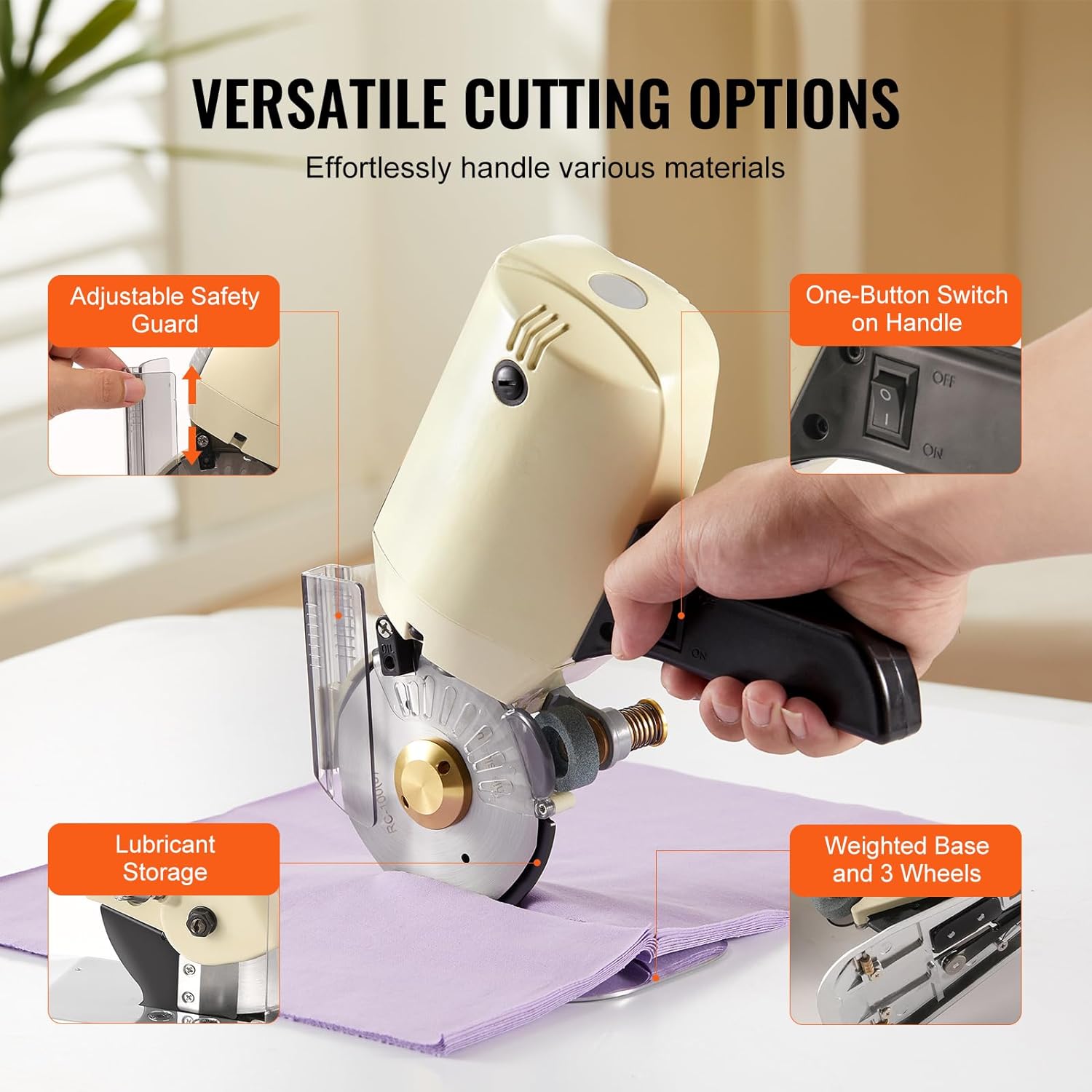 VEVOR Cortador de tela, máquina de corte rotativa eléctrica de tela de 250 W, grosor de corte de 1.1 pulgadas, cuchillo octogonal, con hoja de