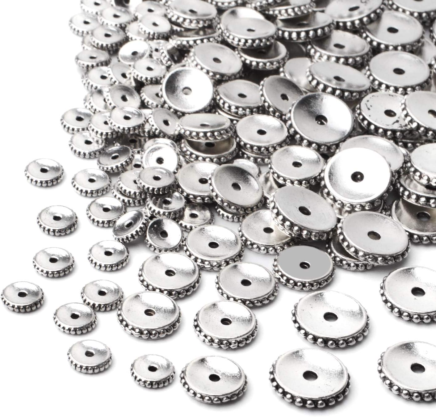 200 cuentas espaciadoras redondas planas de plata envejecida tibetana con una caja para hacer joyas, suministros de manualidades