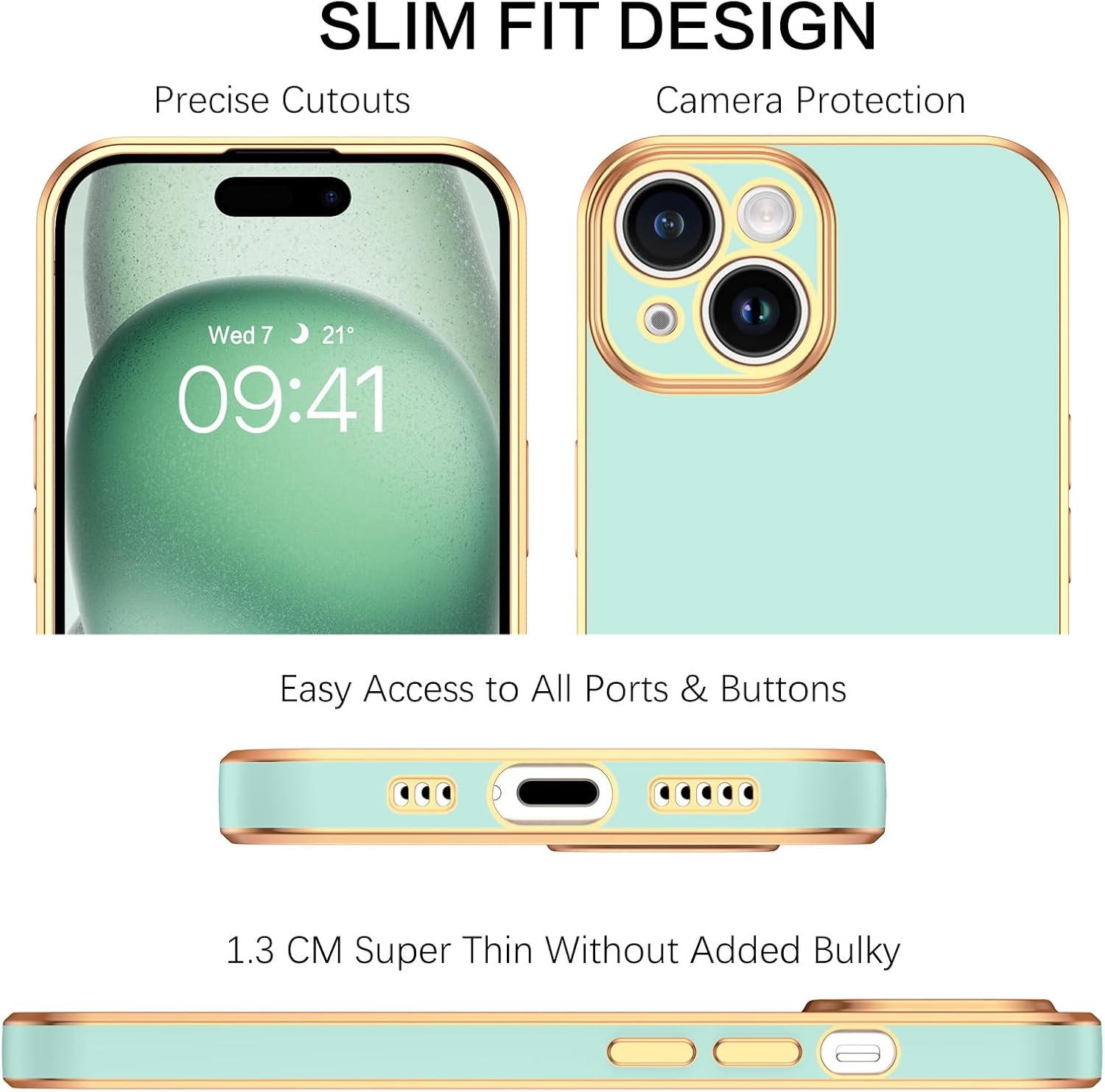 BENTOBEN Funda compatible con iPhone 15 de 6.1 pulgadas 2023, ajuste delgado, dorado, de lujo, de poliuretano termoplástico, a prueba de golpes,