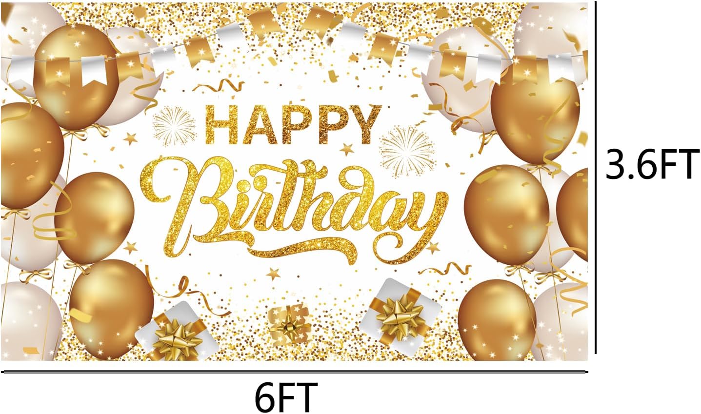 Fondo de feliz cumpleaños de oro blanco de 6 x 3.6 pies, pancarta de fondo de fotografía de feliz cumpleaños de oro blanco para fiesta de cumpleaños