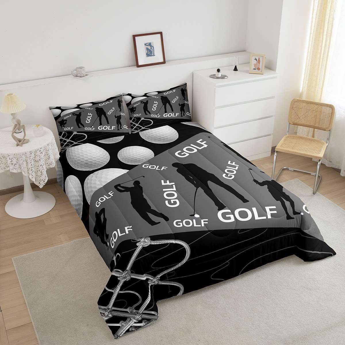 Erosebridal Juego de ropa de cama de golf para niños, juego de edredón deportivo para niños, color gris y negro, ropa de cama de jugador de golf
