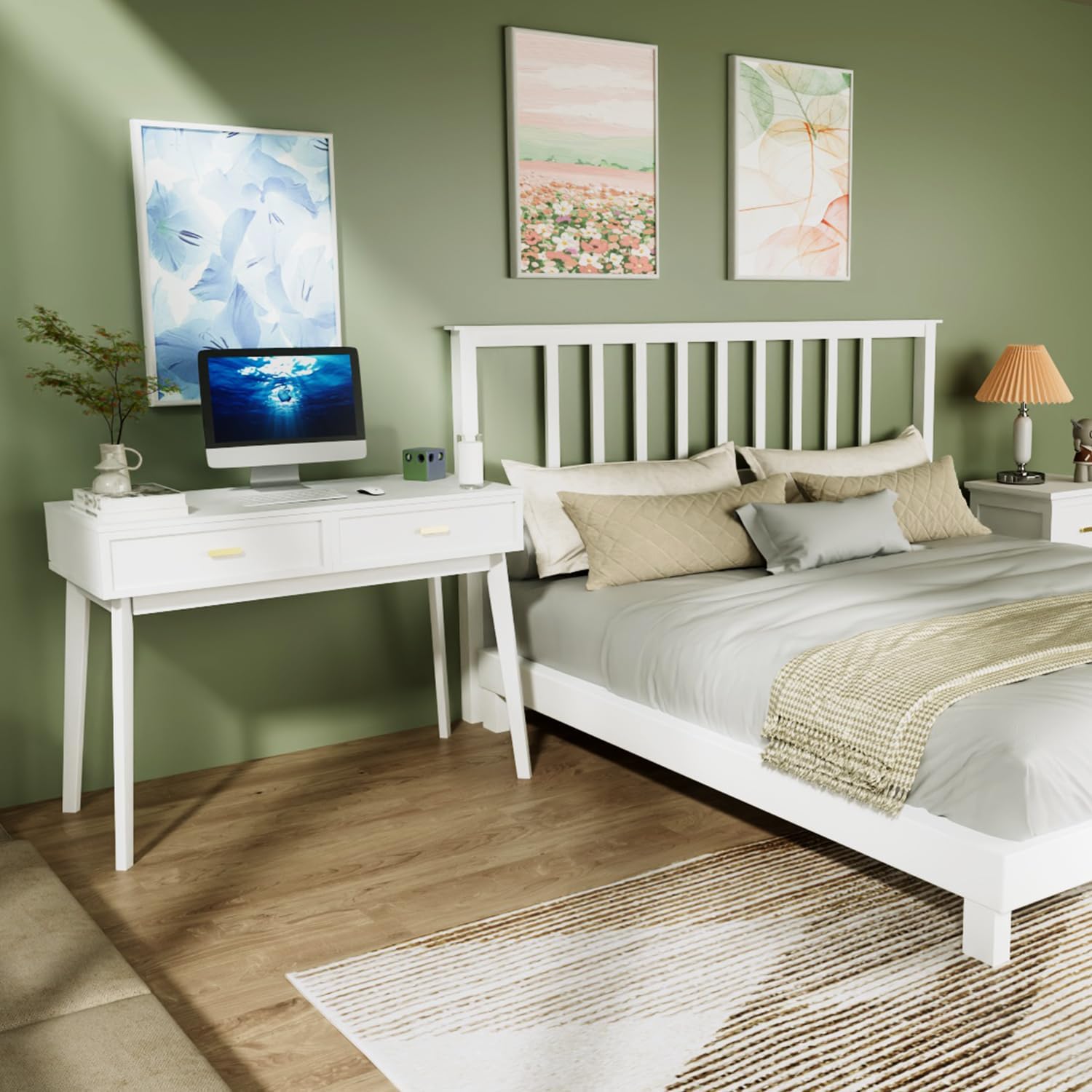 Escritorio blanco con cajones, mesa de computadora para oficina en casa, escritorio de estudio para espacios pequeños, tocador de dormitorio,