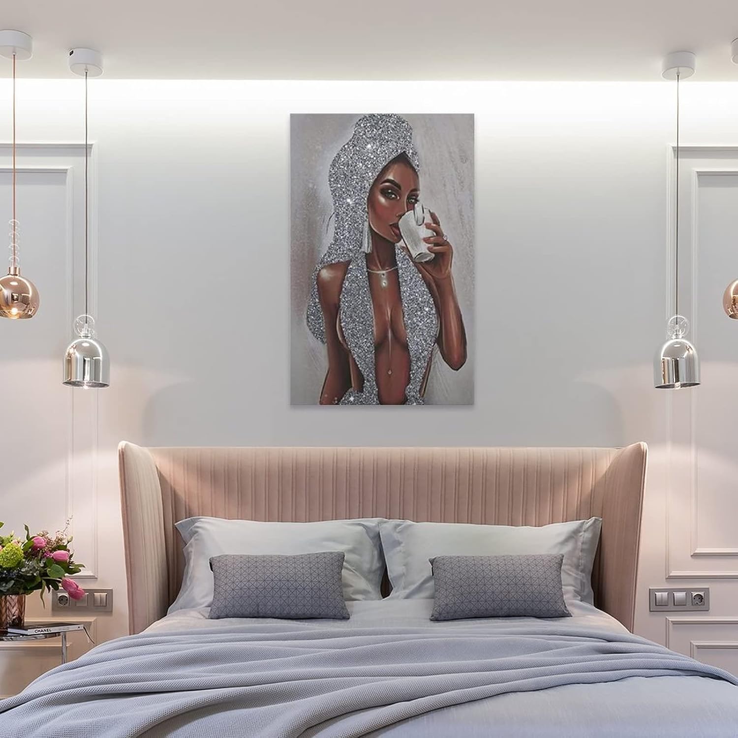 Pósteres afroamericanos con purpurina negra y plateada, arte de pared de niña negra, pósteres e impresiones artísticas de pared para sala de estar,