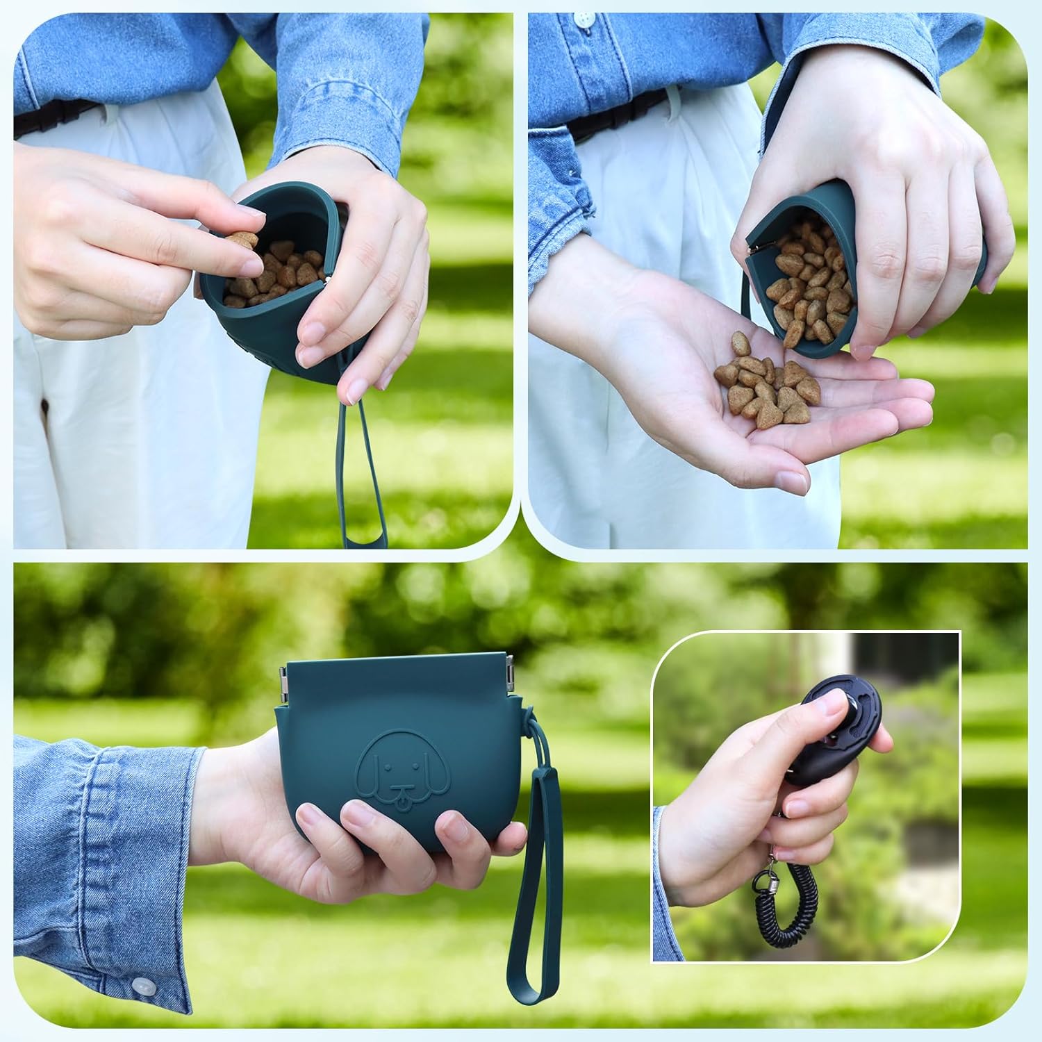 WALLFID Bolsa pequeña de silicona para perros, cierre automático, con clic de entrenamiento para mascotas, bolsa de senderismo para perros y gatos,
