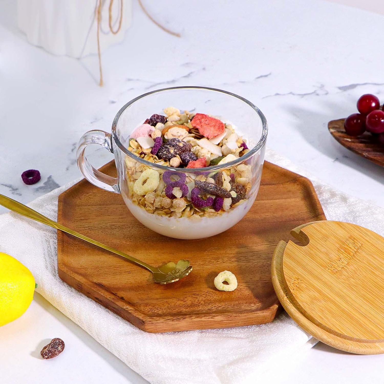 Tazas de café de 16 onzas con asa, tazas de vidrio con tapas de bambú y cucharas de flor de cerezo, vasos transparentes para té, cereales, yogur,