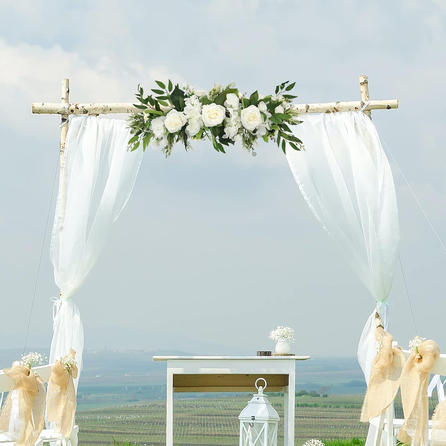 Arreglo floral de árbol artificial, diseño floral rústico, con diseño de arco para boda, recepción, decoración de mesa (blanco)