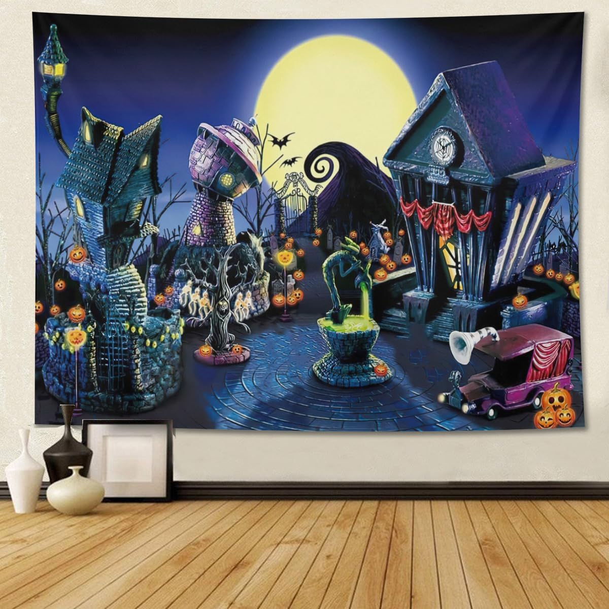 Apiawa Tapiz de luna llena, telón de fondo para fiesta temática de pesadilla, antes de Navidad, fotografía, noche y calabazas, decoración para