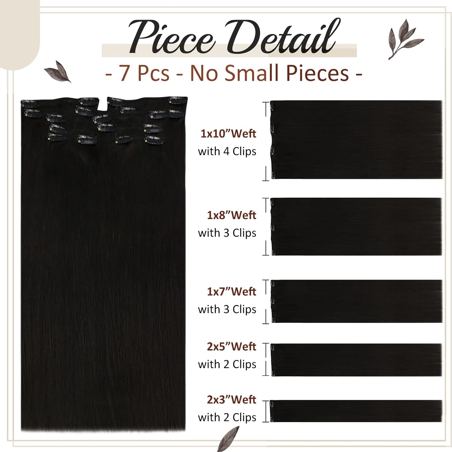 Full Shine – Extensiones de clip de cabello humano, extensiones doble capa de cabello brasileño lacio – Color1, negro azabache, 7piezas, 4.2onzas