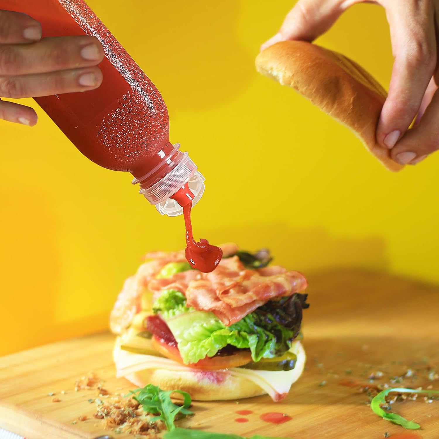 WAYDA Botellas exprimibles para condimentos, paquete de 6 botellas exprimibles para salsas, recipiente de aderezo de ensalada de ketchup, botellas