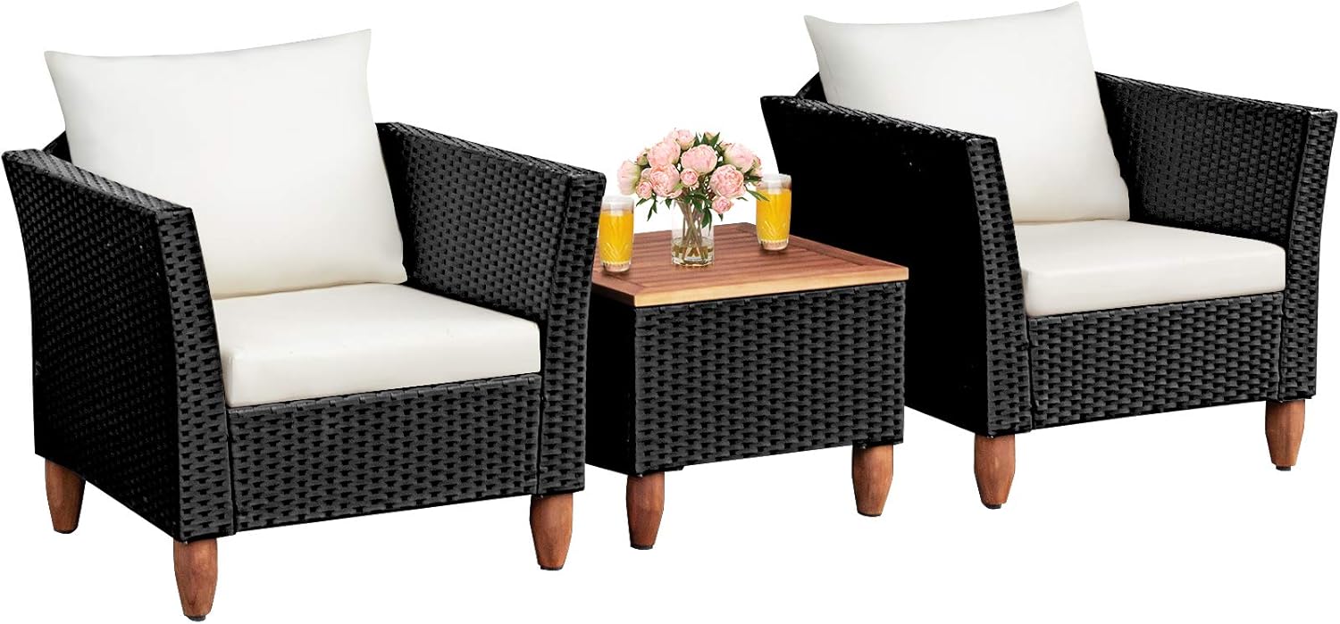 COSTWAY Juego de muebles de ratán de patio al aire libre 3PCS sofá acolchado de madera blanco