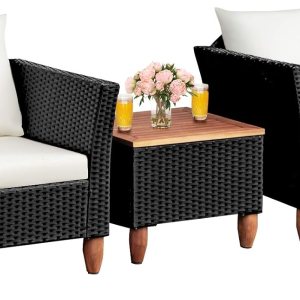 COSTWAY Juego de muebles de ratán de patio al aire libre 3PCS sofá acolchado de madera blanco COSTWAY Juego de muebles de ratán de patio al aire libre 3PCS sofá acolchado de madera blanco