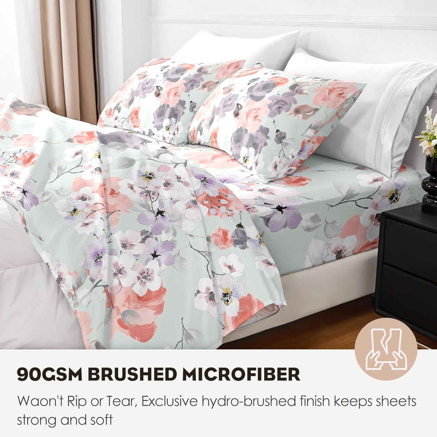 Juego de sábanas Queen  Estampado floral  Sábanas de lujo de microfibra cepillada 1800  Sábanas refrescantes transpirables para cama tamaño Queen
