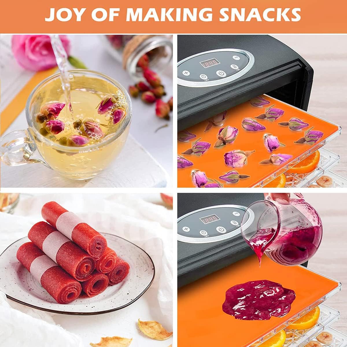 4 hojas deshidratadoras de silicona con borde para frutas, cuero, frutas, carne, verduras, hierbas, bandejas deshidratadoras antiadherentes con