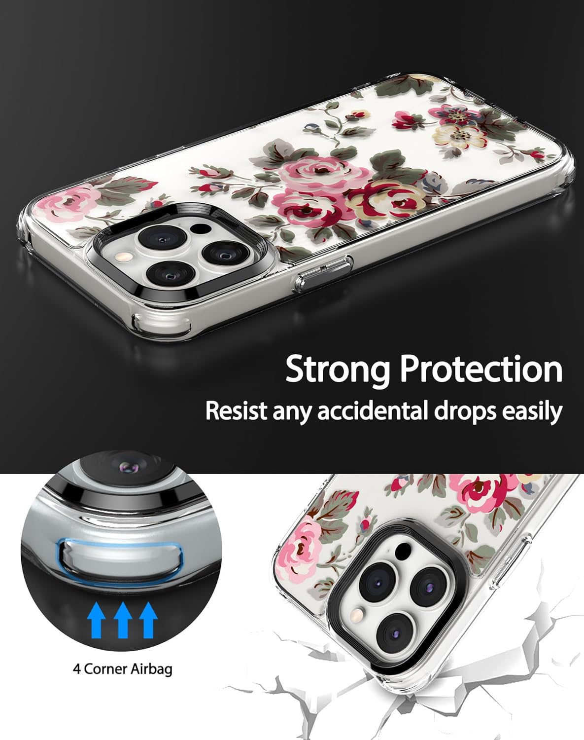 Feitenn Funda para iPhone 15 Pro Max, policarbonato transparente + TPU suave a prueba de golpes, diseño de flores Beatuy Design Case con protector