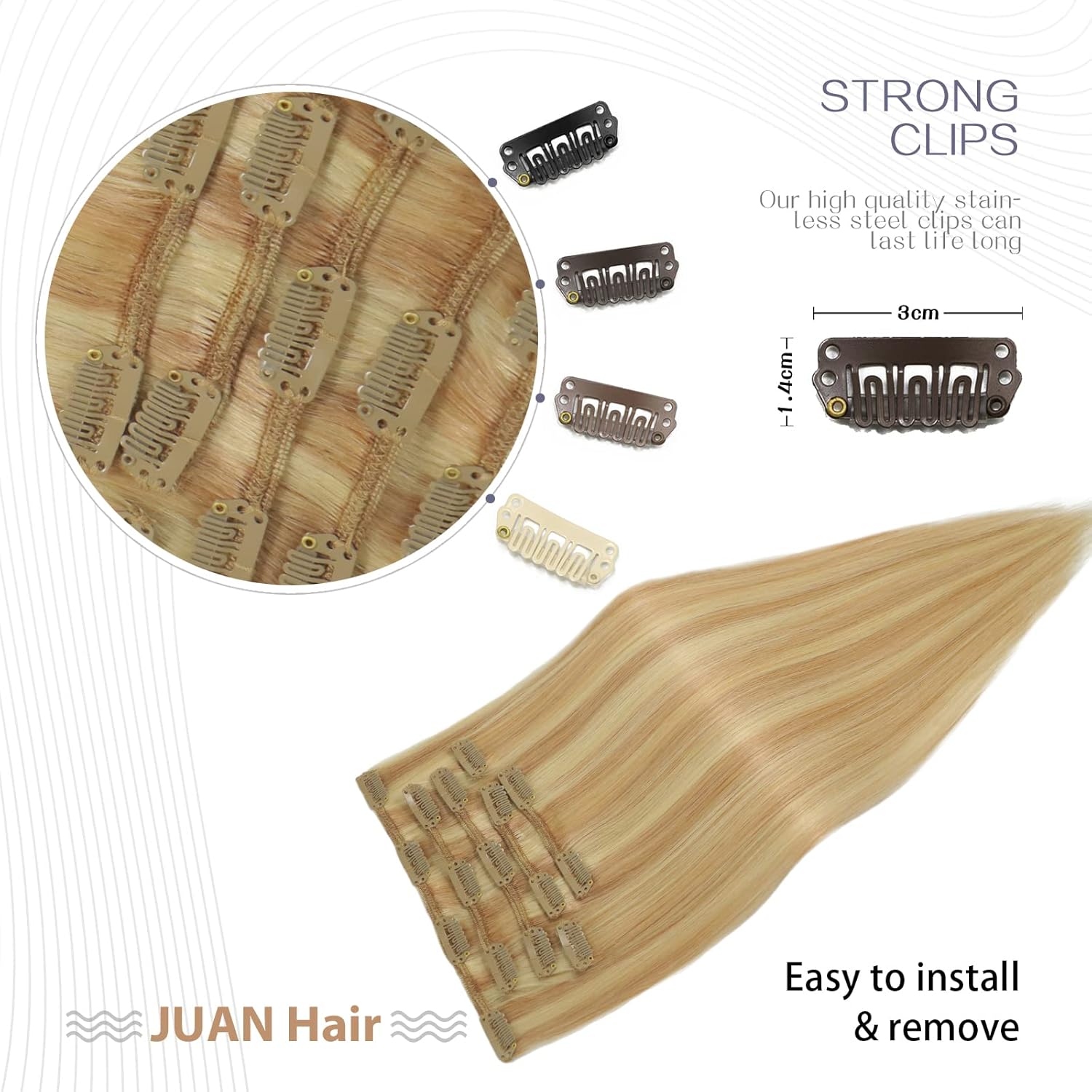 Extensiones de cabello humano real de color rubio fresa a rubio decolorado, extensiones de cabello humano real, 12 pulgadas, 7 unidades, 2.47 onzas,