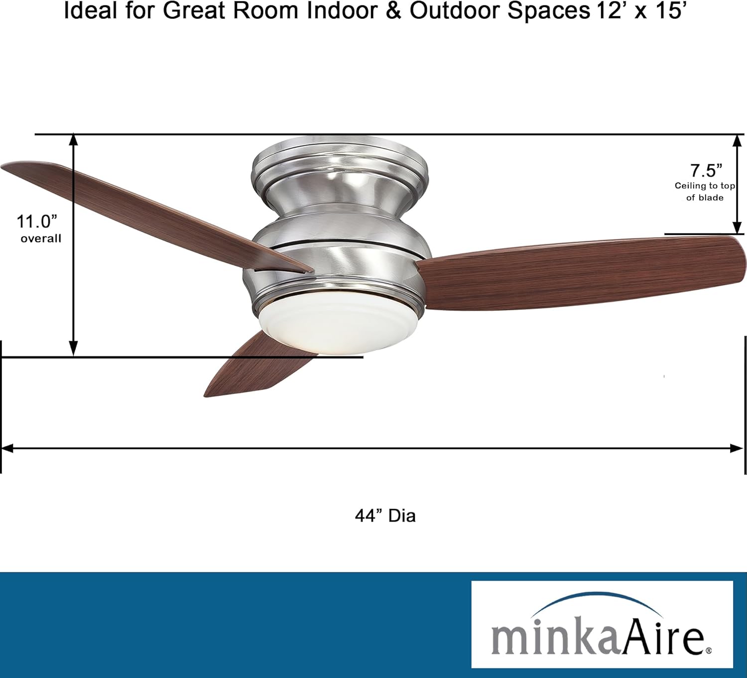 Minka-Aire F593L-PW Tradtional Concept Ventilador de techo empotrado de 44 pulgadas con luz LED integrada de 14 W en acabado de peltre