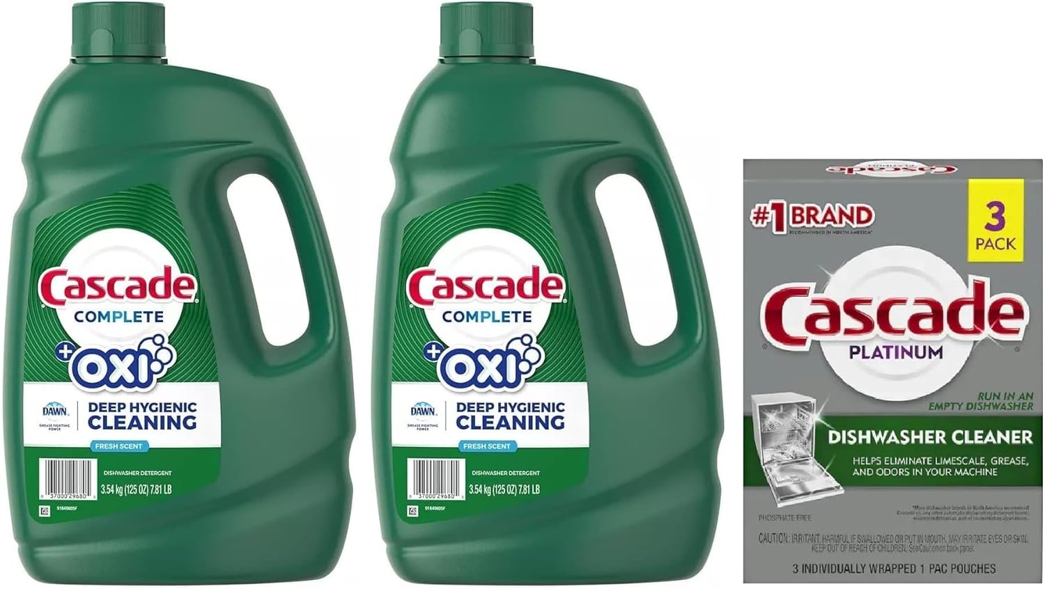 Cascade Complete + Oxi Gel – Detergente para lavar platos, aroma fresco, 125 onzas (paquete de 2) con limpiador de lavavajillas Cascade Platinum,