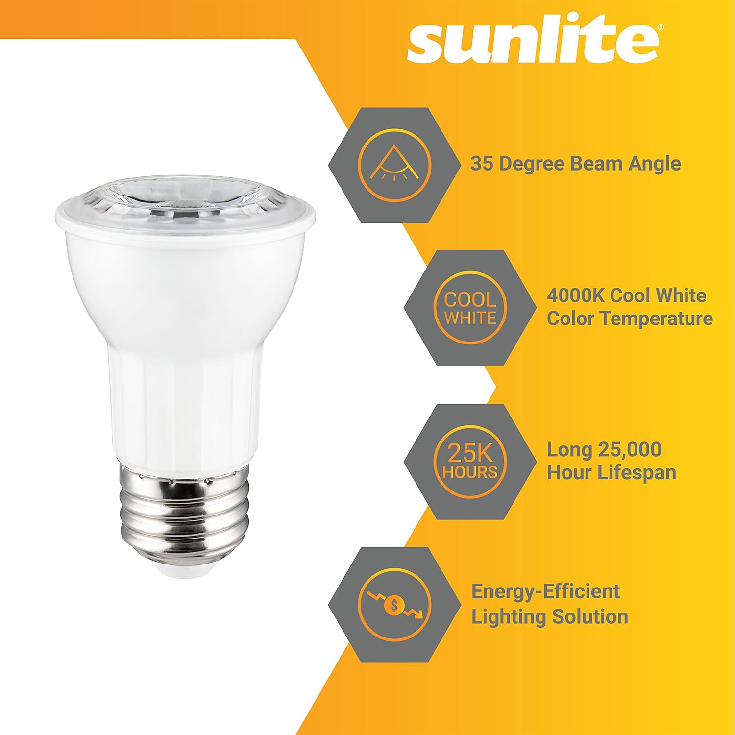 Sunlite 41801 Bombilla LED PAR16 reflectora, 6 vatios (50 W  ), 500 lúmenes, base E26 media, regulable, reflector, 90 CRI, Energy Star, listado ETL,
