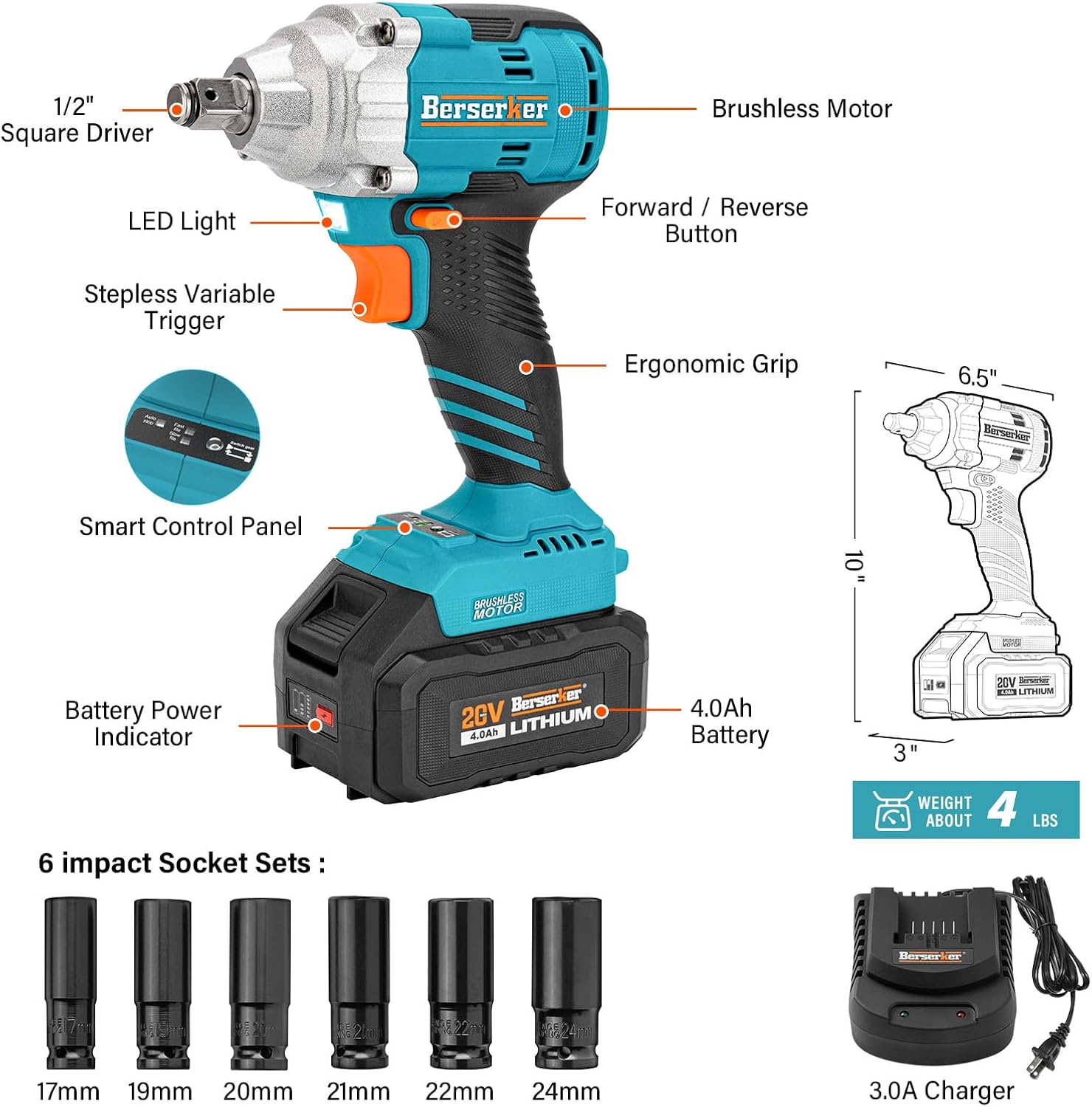 Berserker Llave de impacto inalámbrica de 20 V de 12 pulgada, pistola de impacto sin escobillas de alto par de torsión de 280 pies (380 N.m),
