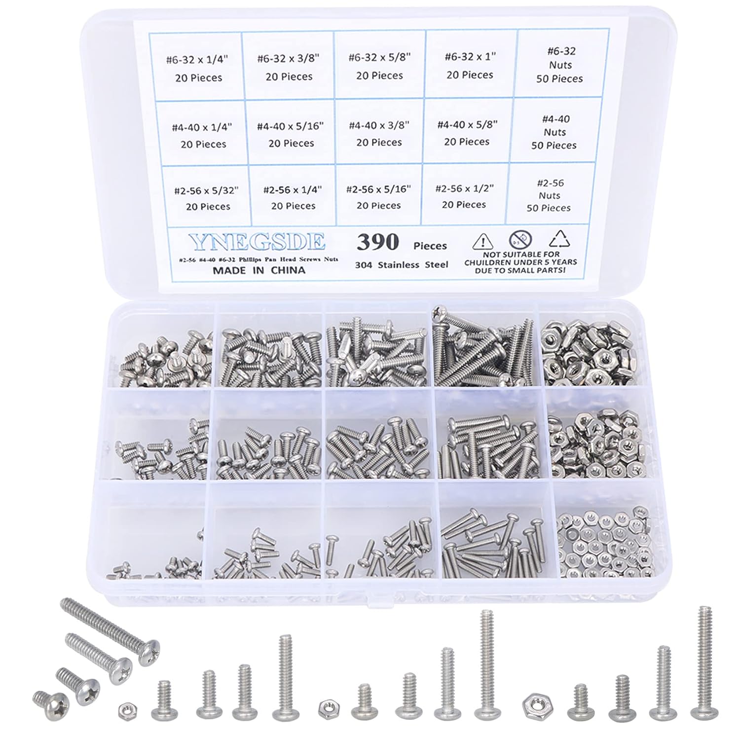 Kit surtido de tornillos de máquina #6-32#4-40#2-56 Phillips Pan Head Tuercas y Tornillos Surtido Kit Surtido de Tornillos de Acero Inoxidable 304,