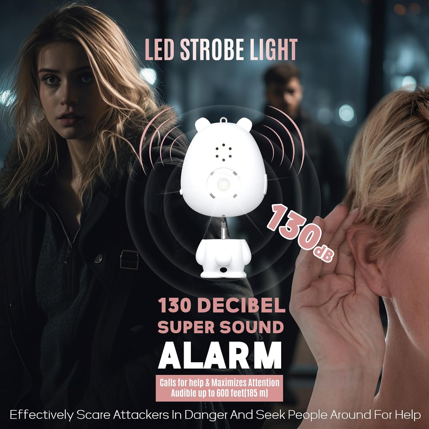 Alarma personal para mujeres, alarma de seguridad personal recargable para mujeres, niños y ancianos, sirena fuerte de 130 dB, luz estroboscópica,