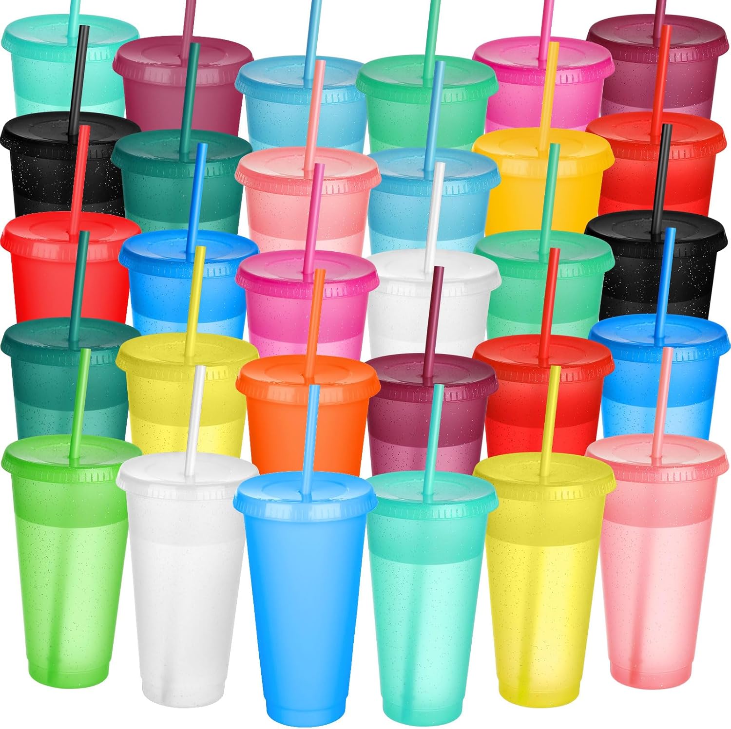 Paquete de 30 vasos con popote y tapa, botella de agua a granel, taza de viaje para café helado, vasos de plástico reutilizables para fiestas,