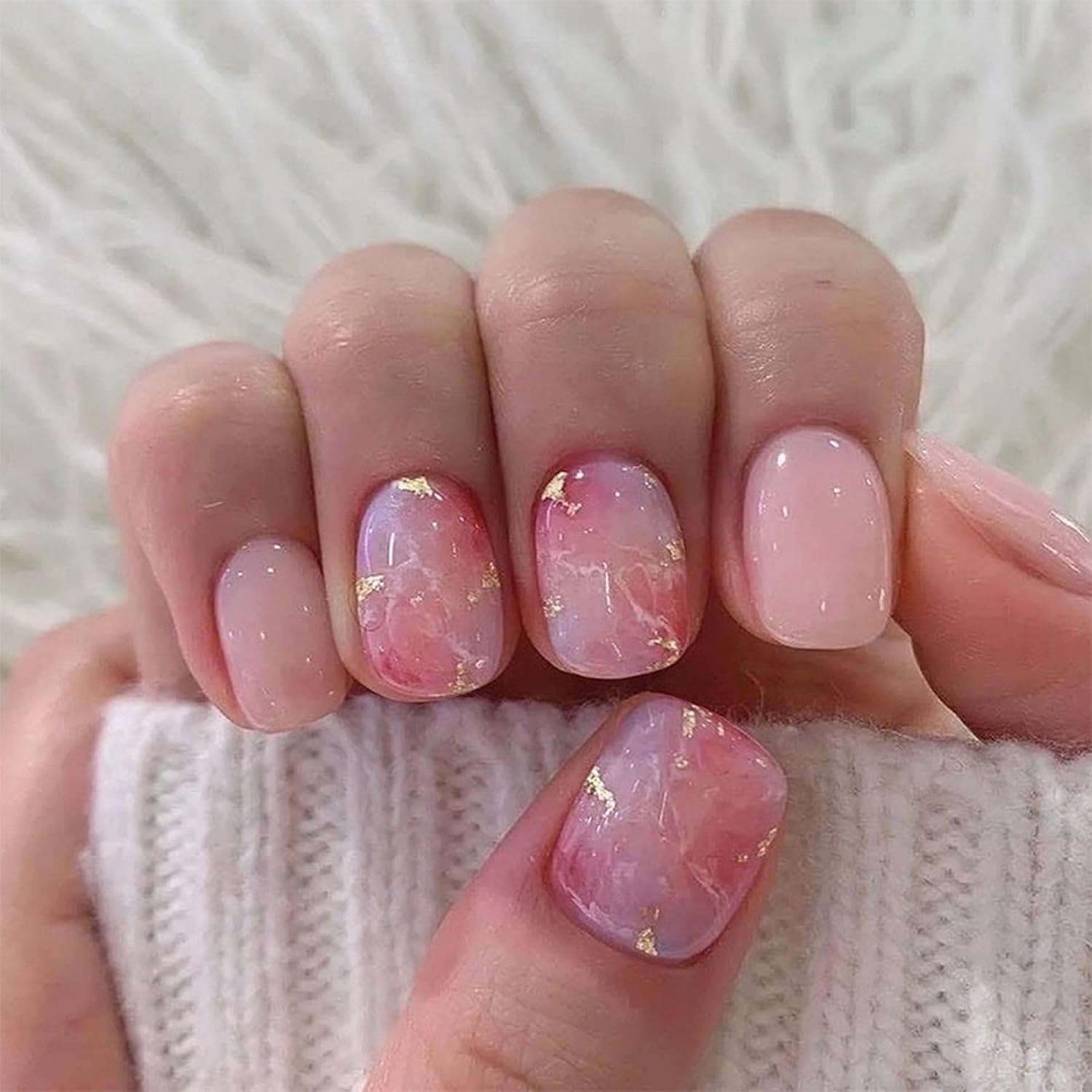 Uñas postizas cortas a presión, cuadradas, con diseño de flor de cerezo, rosa, degradado, con diseños de lámina dorada, romántica puesta de sol por