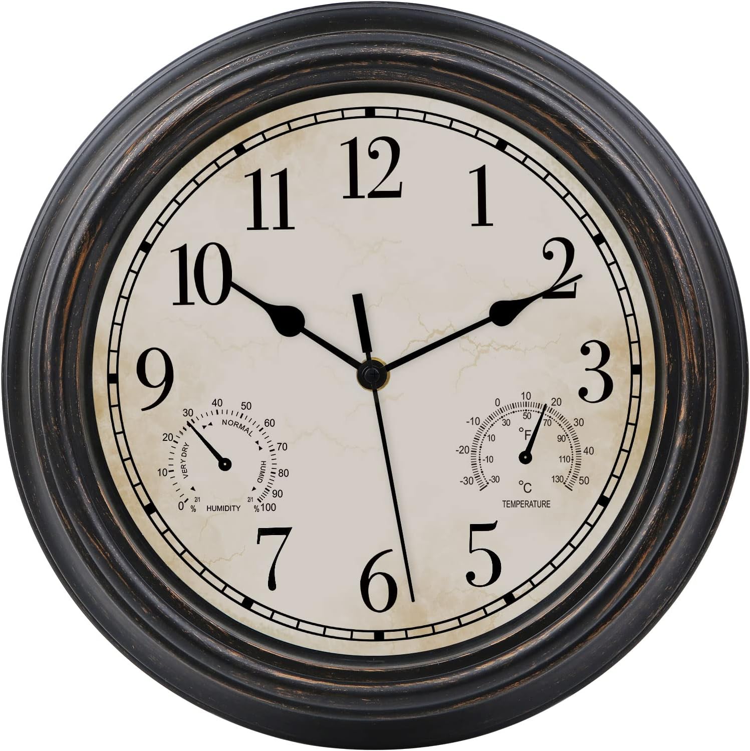Reloj de pared retro impermeable de 12 pulgadas para interiores y exteriores, con termómetro e higrómetro, funciona con pilas, reloj de pared