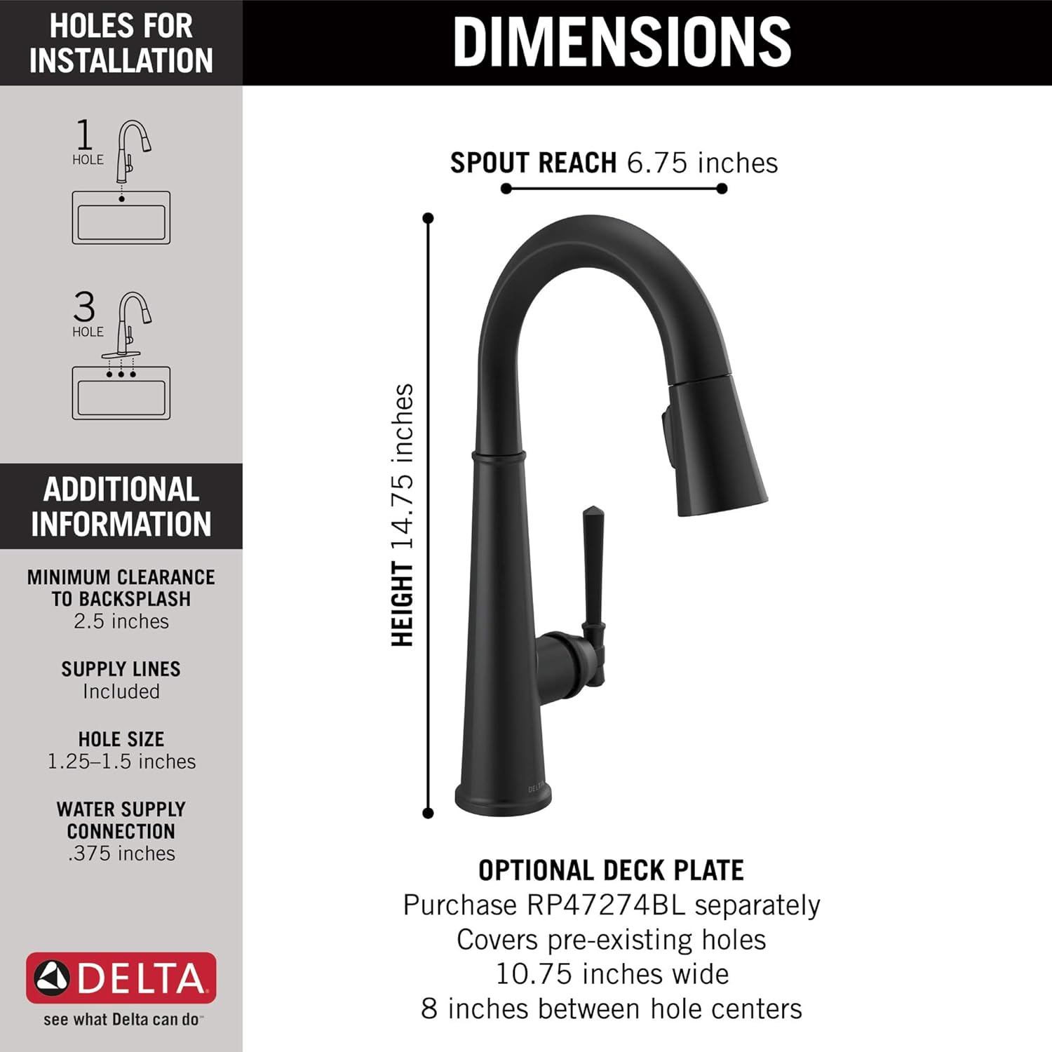 Delta Faucet Emmeline – Grifo de barra negro mate con rociador extraíble, grifo de fregadero de barra negra de un solo agujero, grifos de barra