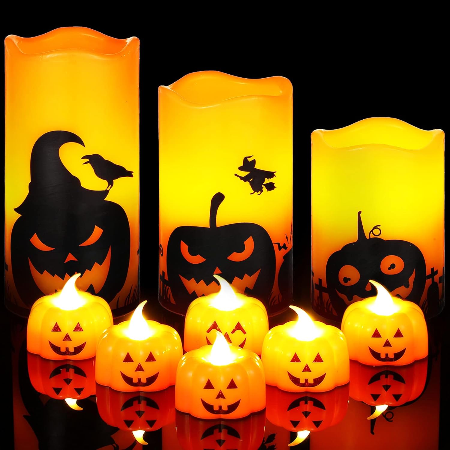 Nuanchu 3 velas LED sin llama de Halloween que funcionan con pilas, velas de cera surtidas, velas sin llama con 6 lámparas de calabaza para