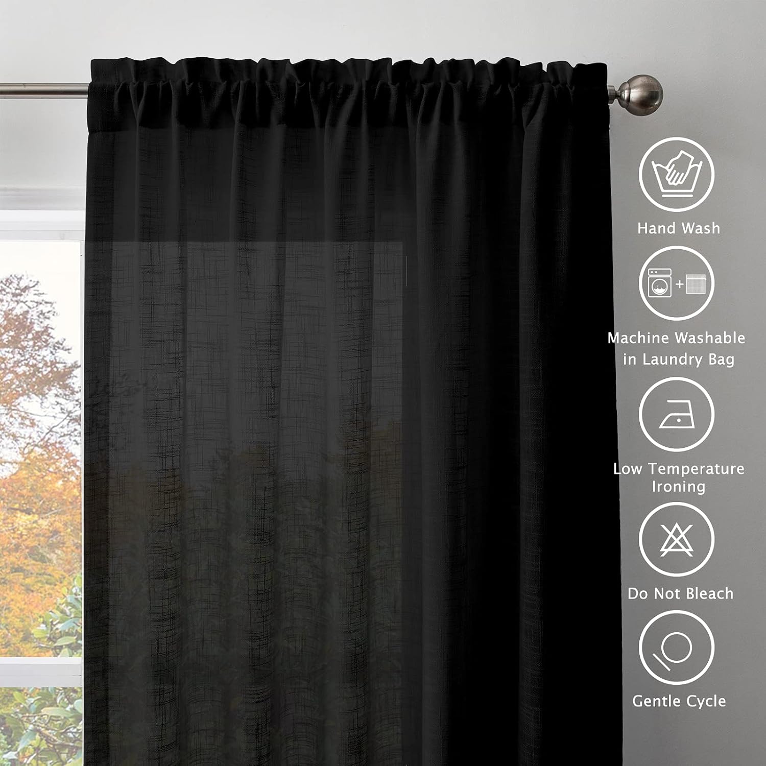 Melodieux Cortinas semitraslúcidas con textura de lino negro de 96 pulgadas de largo para sala de estar, dormitorio, cortinas de gasa con bolsillo