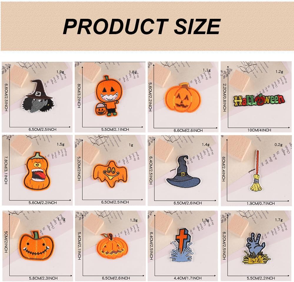 12 parches para planchar de Halloween, calabaza naranja, bruja para coser en apliques bordados, parches de reparación, accesorios de manualidades,