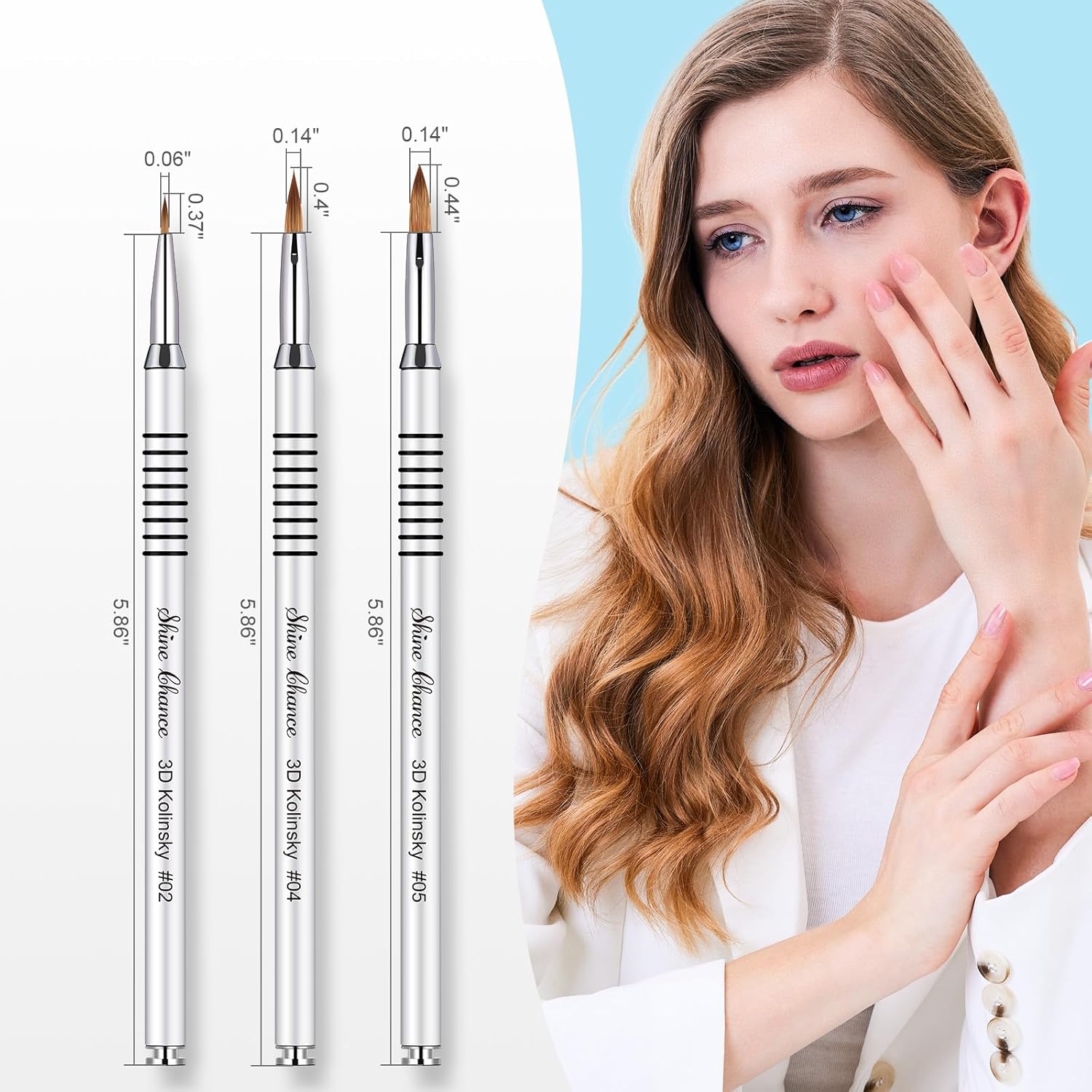 Kolinsky – Juego de 3 brochas acrílicas para uñas, tamaño 2, 4, 5, pincel acrílico para uñas, diseño artístico y limpieza de errores de esmalte para