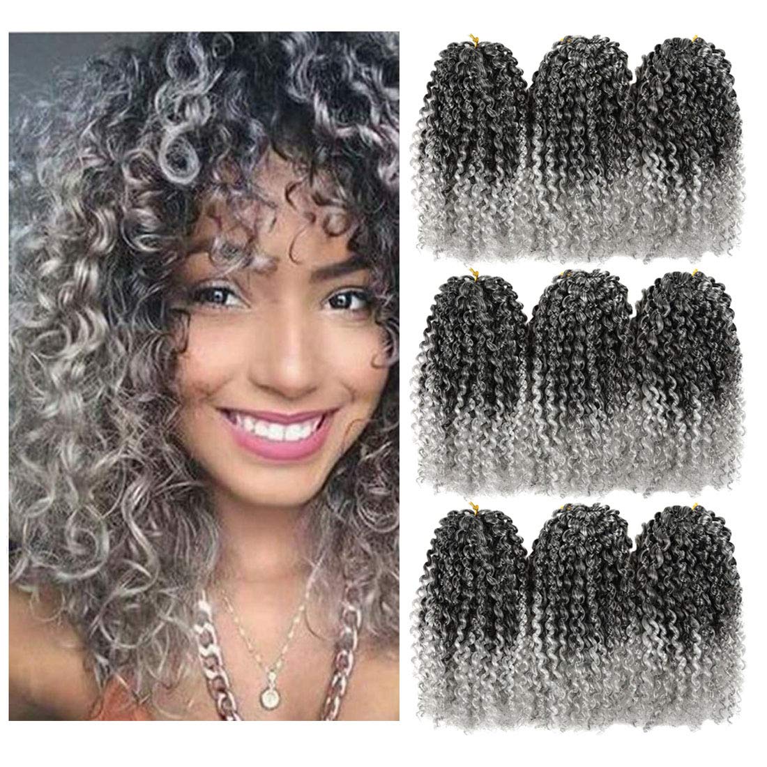Pelo corto de Passion Twist de 8 pulgadas, rizado tipo afro, cabello rizado con ganchillo con sal y pimienta, para mujeres negras (9 paquetes,