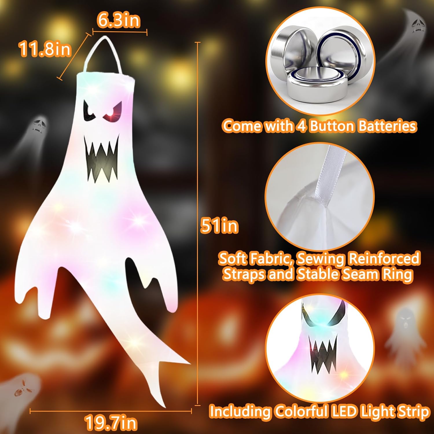 Dokeawo 2 piezas de decoración de Halloween, calcetines de viento fantasma de 47 pulgadas, decoración de Halloween colgante con luz LED para