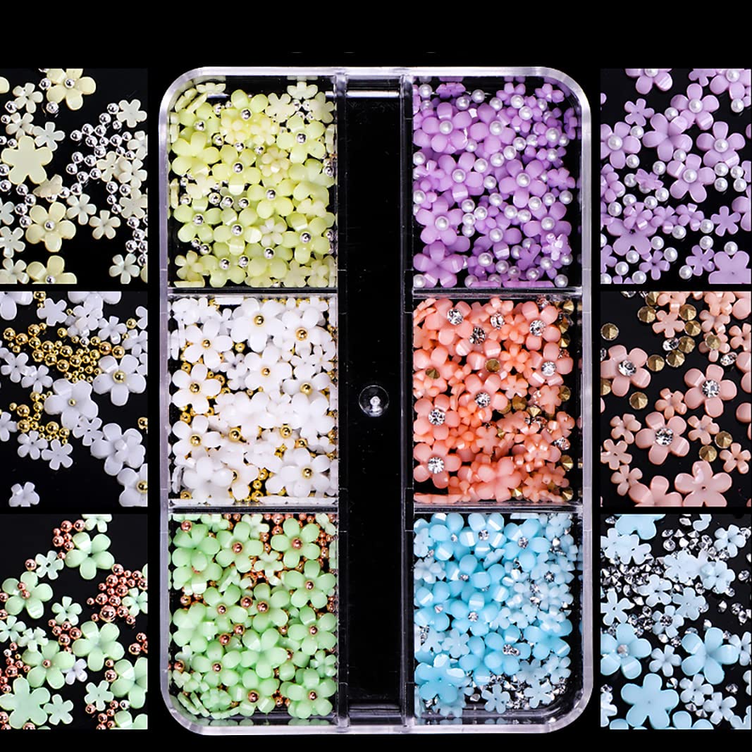 XEAOHESY 2 cajas de flores 3D para uñas, dijes de uñas de flores con cuentas de caviar de metal, perlas, flores de resina, diseño de uñas,