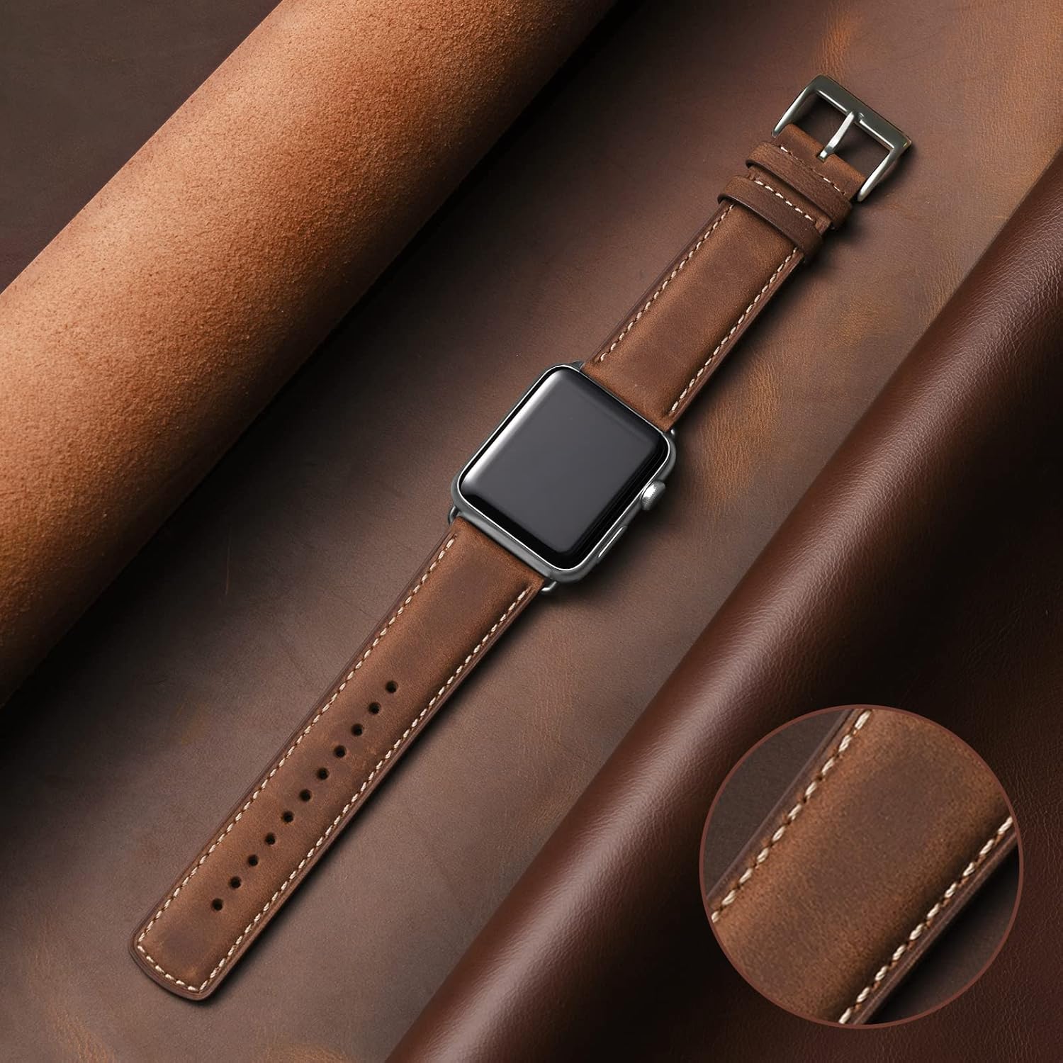SUNFWR Correas de cuero compatibles con Apple Watch Band 1.929 in 1.772 in 1.732 in 1.654 in para hombres y mujeres, correa de repuesto de cuero