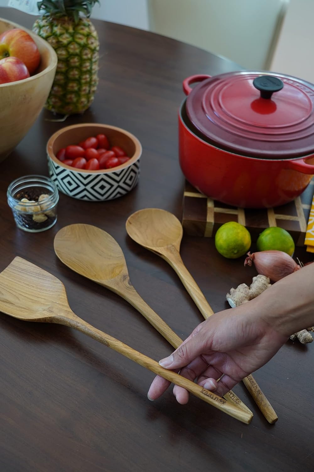 Juego de 3 utensilios de cocina de madera de teca de 14 pulgadas (dos cucharas y una espátula)