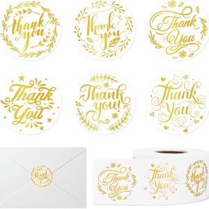 Whaline 720 calcomanías de agradecimiento en rollo redondas transparentes, autoadhesivas, de lámina dorada, corona de flores, calcomanías de Whaline 720 calcomanías de agradecimiento en rollo redondas transparentes, autoadhesivas, de lámina dorada, corona de flores, calcomanías de