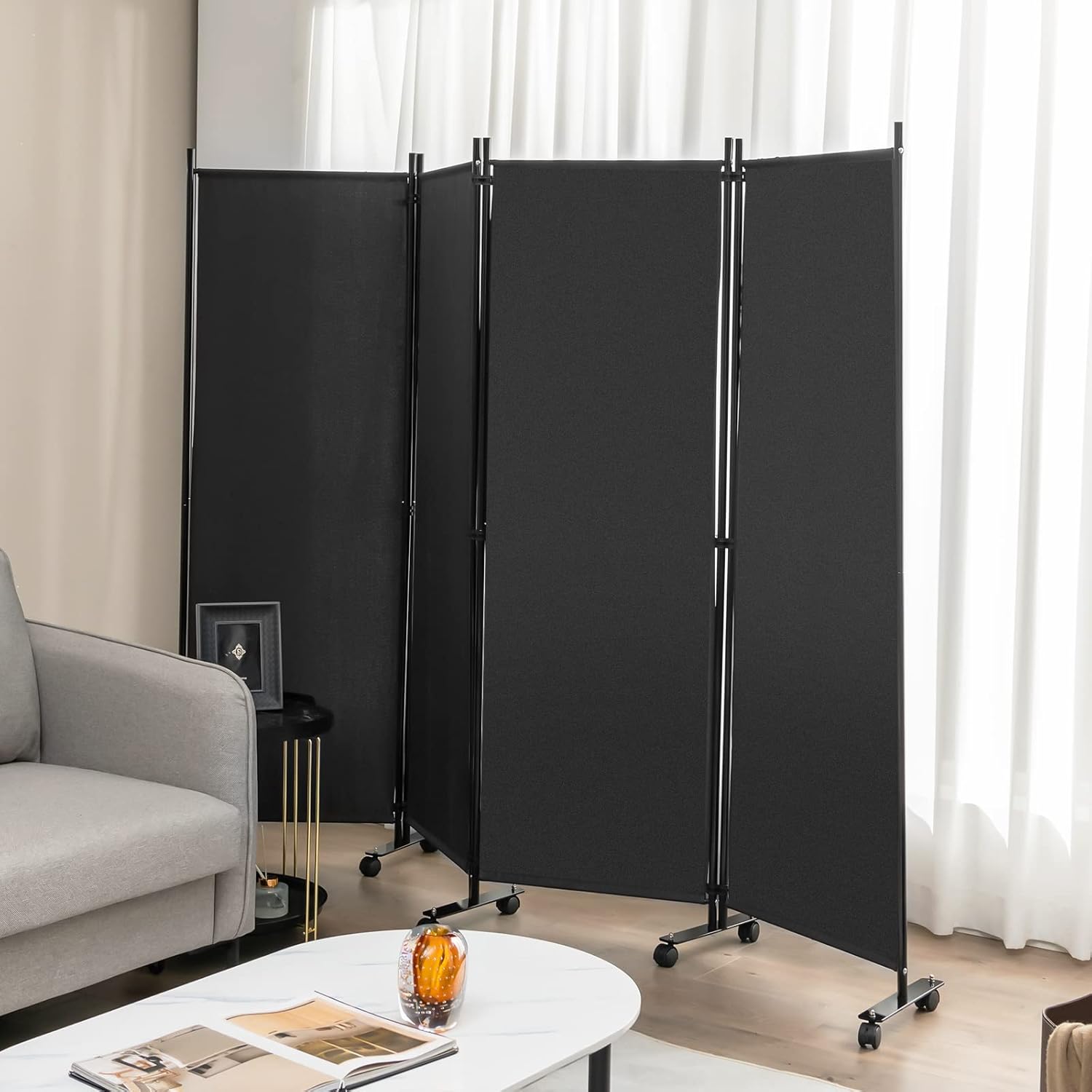 Giantex Divisor de habitación de 4 paneles con rodillos gris pantalla de privacidad plegable independiente de 5.7 pies, divisor de pared de 89