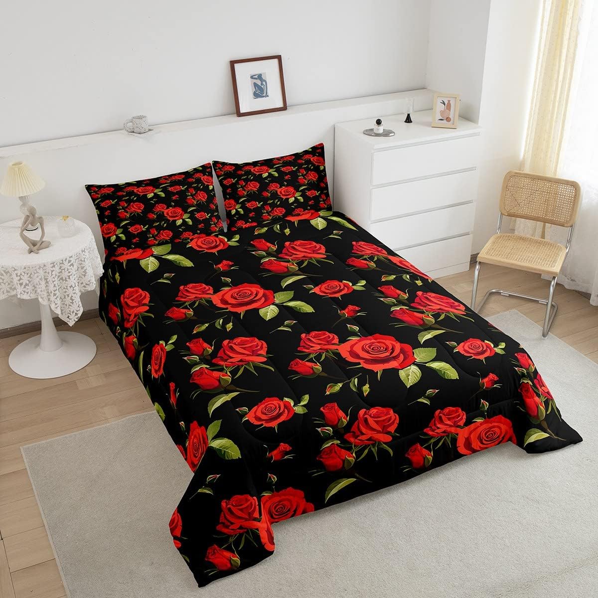 Erosebridal Juego de ropa de cama para mujer, diseño de flores rojas, tamaño individual, edredón acolchado con flores románticas de San Valentín,