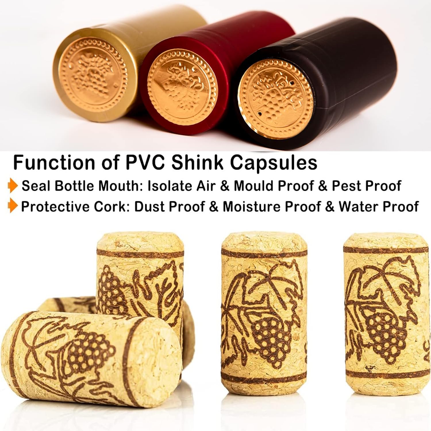 Paquete de 200 tapones para botellas de vino y cápsulas termorretráctiles de PVC, 100 corchos de vino naturales y 100 sellos de 3 colores (rojo,