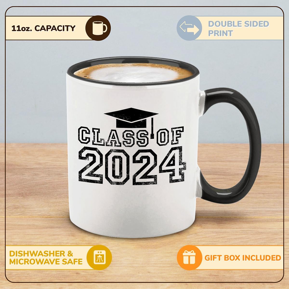 shop4ever Class of 2024 – Taza de café de cerámica de graduación para graduados universitarios, graduados, 11 onzas (mango negro)